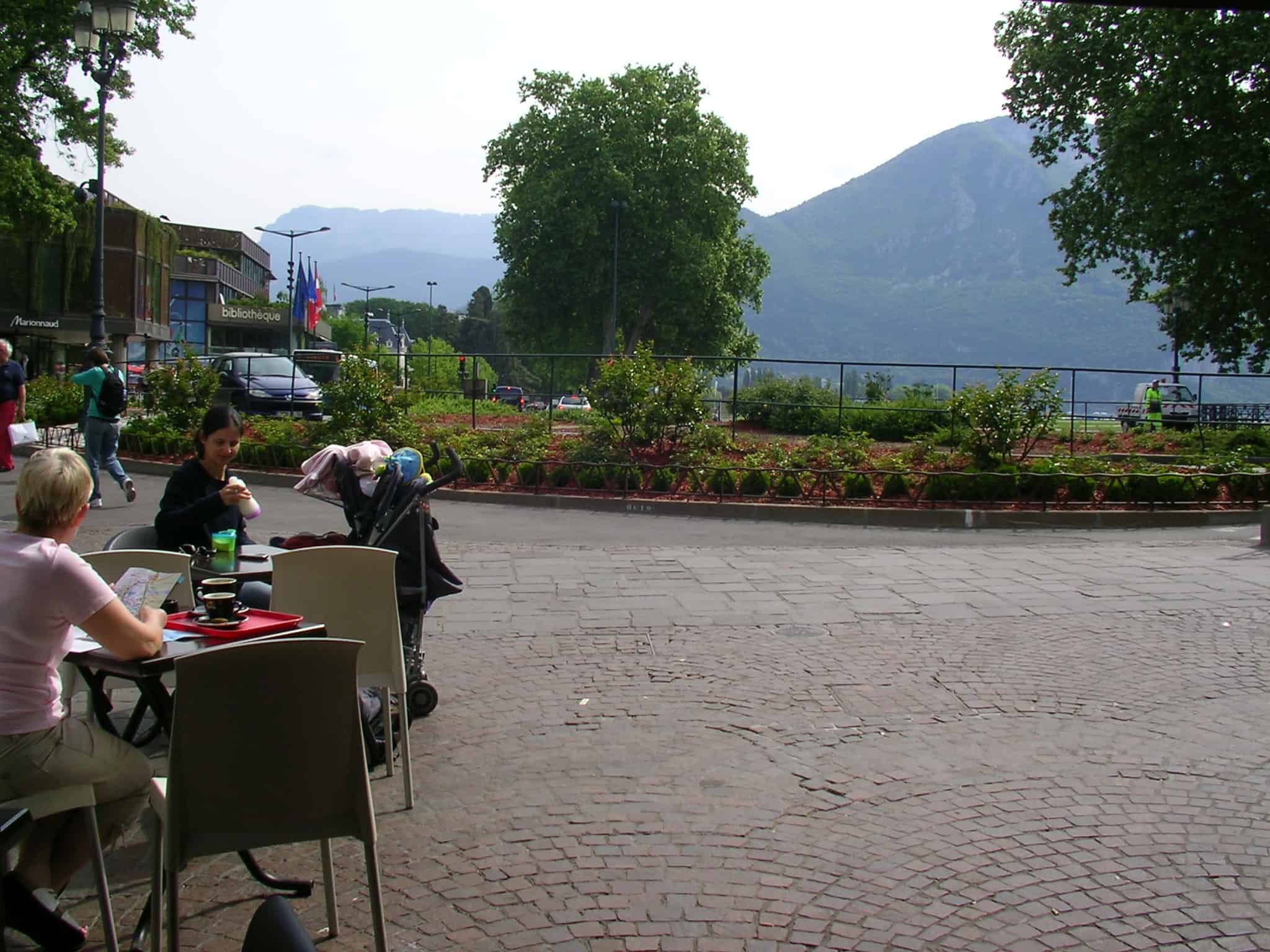 Eating & drinking at a cafe overlooking the Alps, that's life at Annecy. Annecy, cafe, Alps